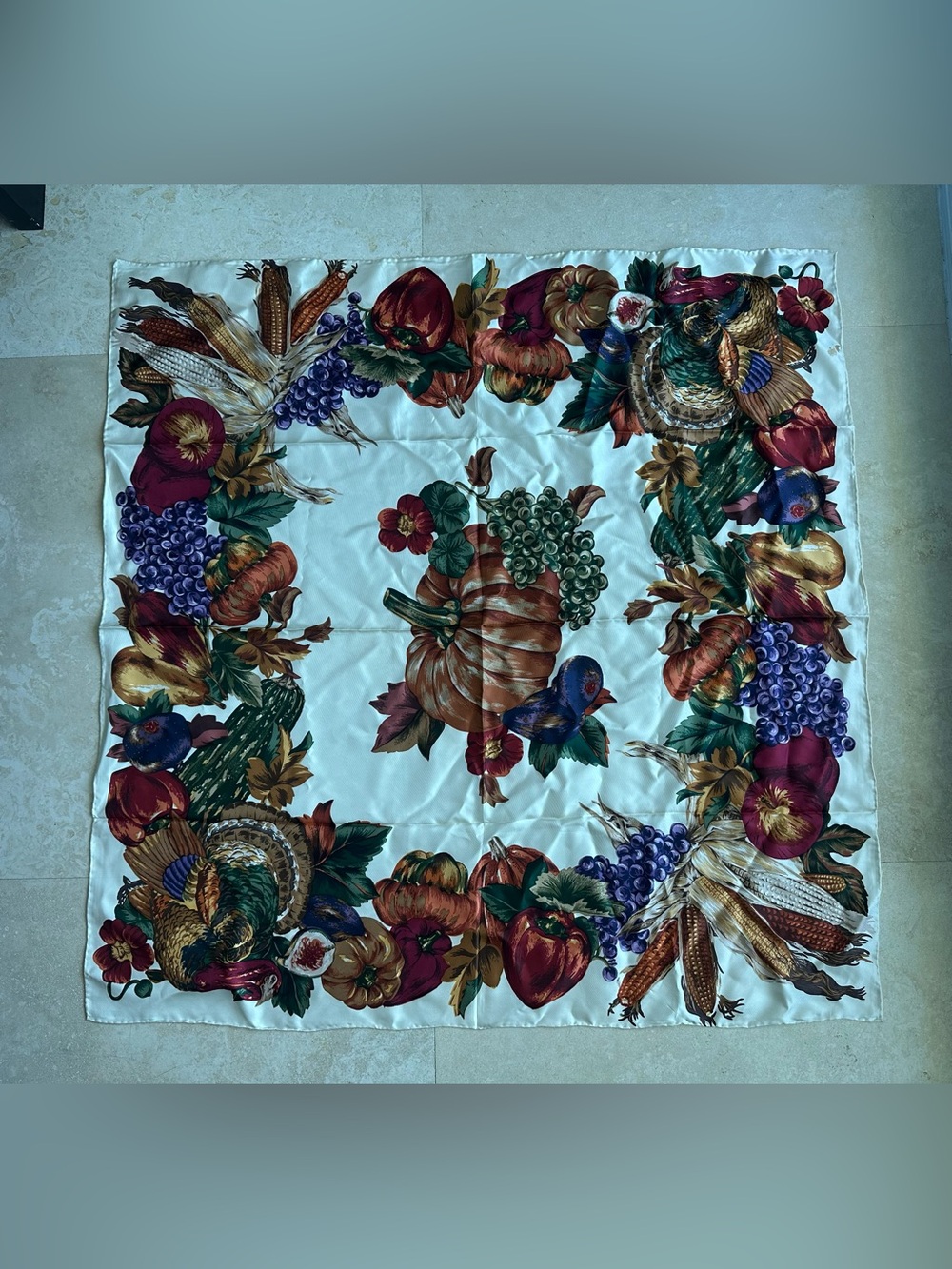 Vintage 100% Silk Square Scarf in Cream with Harvest Motif